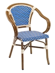 Rattan Bistro Aluminum Arm Chair.  BLUE/Ivory Glossy Weave