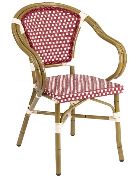 Rattan Bistro Aluminum Arm Chair.  BORDEAUX/ivory, BLUE/Ivory, or BROWN/Ivory Rattan Aluminum Arm Chair