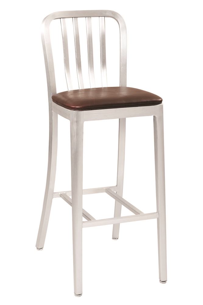 Navy Brushed Aluminum Bar Stool with stretchers, and Padded seat heavy weight.