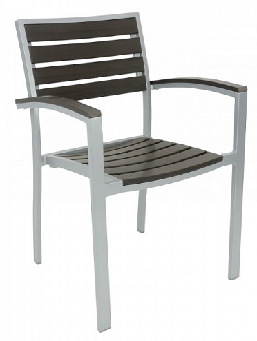 Teak Faux Gray Wood Arm Dining Chair w/ Silver Aluminum Frame or Black Frame