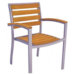 Teak Faux Wood Arm Dining Chair w/ Silver Aluminum Frame or Black Frame