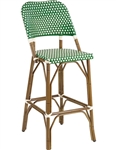 French Rattan Outdoor Patio Bar Stool; Green Ivory Glossy Weave