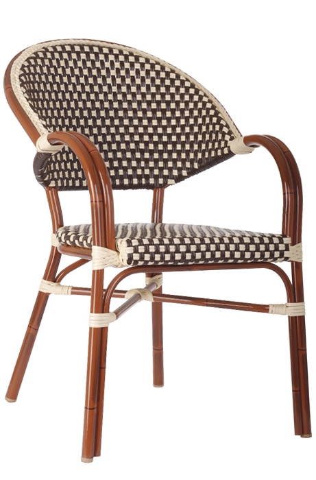 Rattan Bistro Arm Chairs: Brown/Ivory All Weather Weave