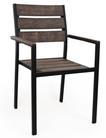 Teak Wood Faux Brushed Brown Slat Arm Aluminum Chair