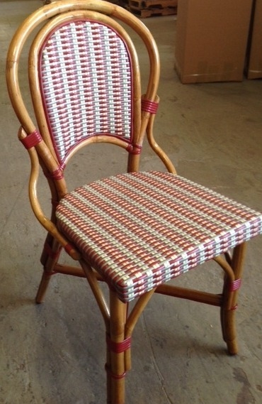 Authentic French Rattan WOOD Bistro Chair. Tri Color Weave: Red,Ivory, Grey with Honey Wood frame