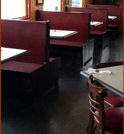 Restaurant Wood Booths in Dark Mahogany with Black padded seat