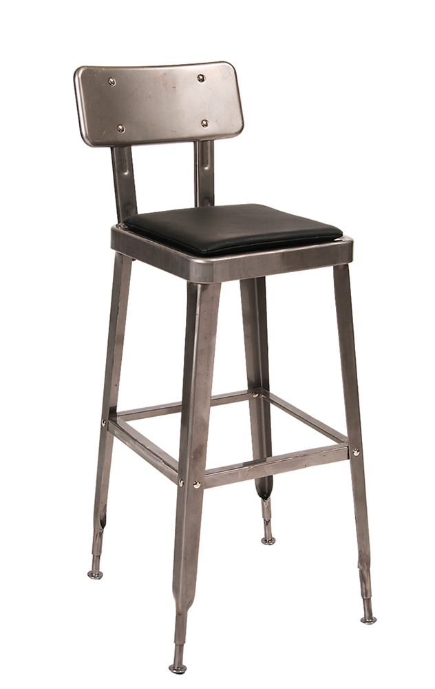 Industrial Metal Clear Finish Bar Stool with Black Cushion